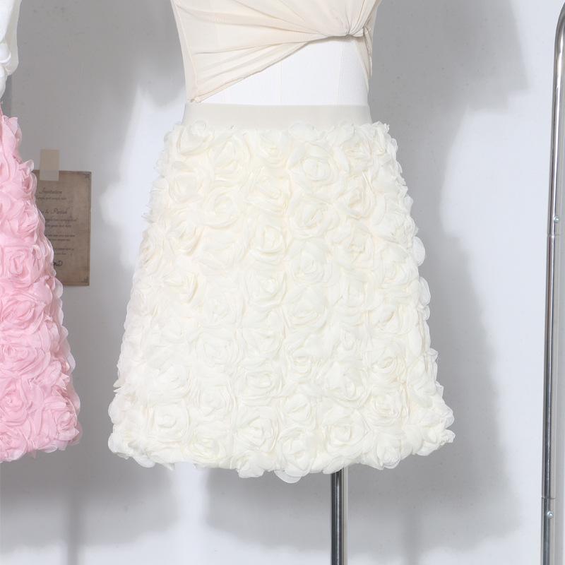 3D Rose Midi Tulle Skirt - Fluffy, Elastic High Waist, Slimming, Versatile A-line for Women