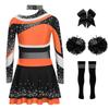 Girls Cheerleading Costume Set Long Sleeve Rhinestone Letter Print Color Block Top Skirt Bowknot Headband Striped Socks Pom Poms