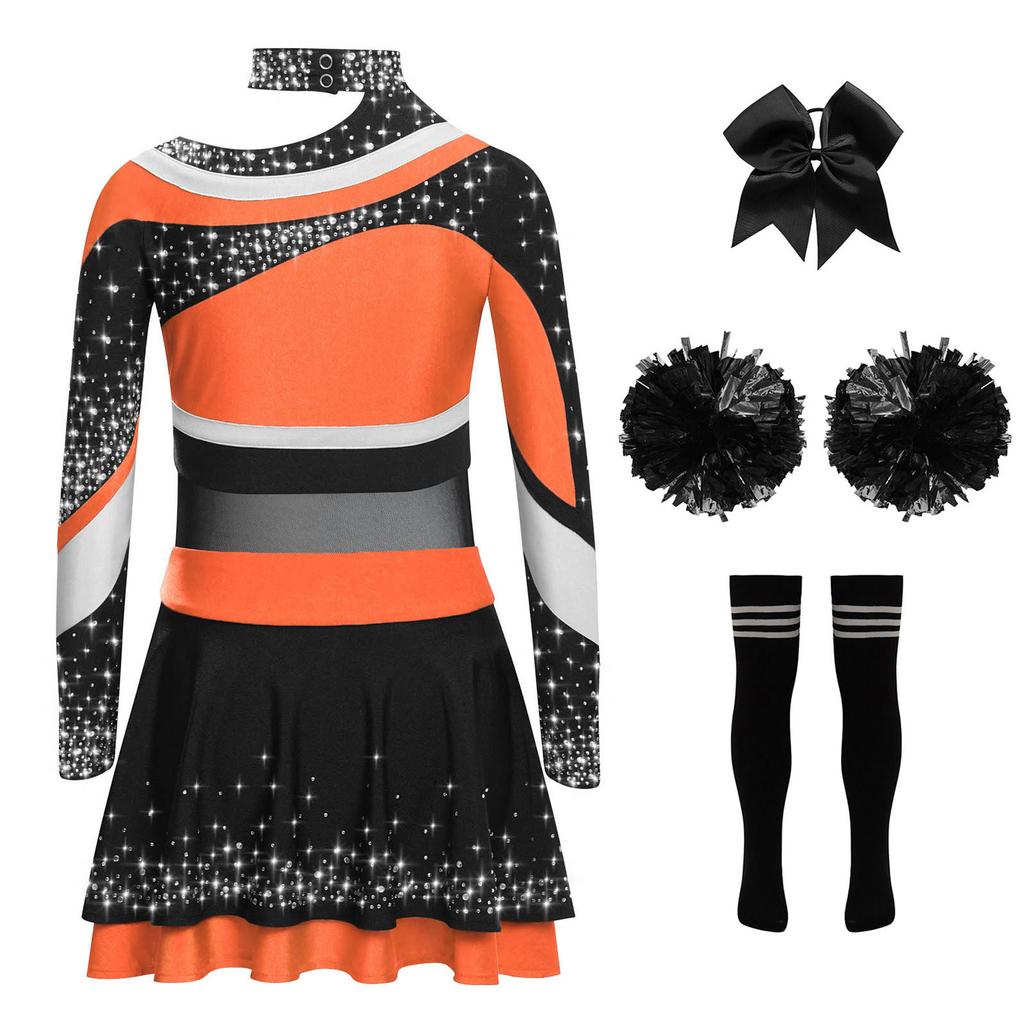 Girls Cheerleading Costume Set Long Sleeve Rhinestone Letter Print Color Block Top Skirt Bowknot Headband Striped Socks Pom Poms