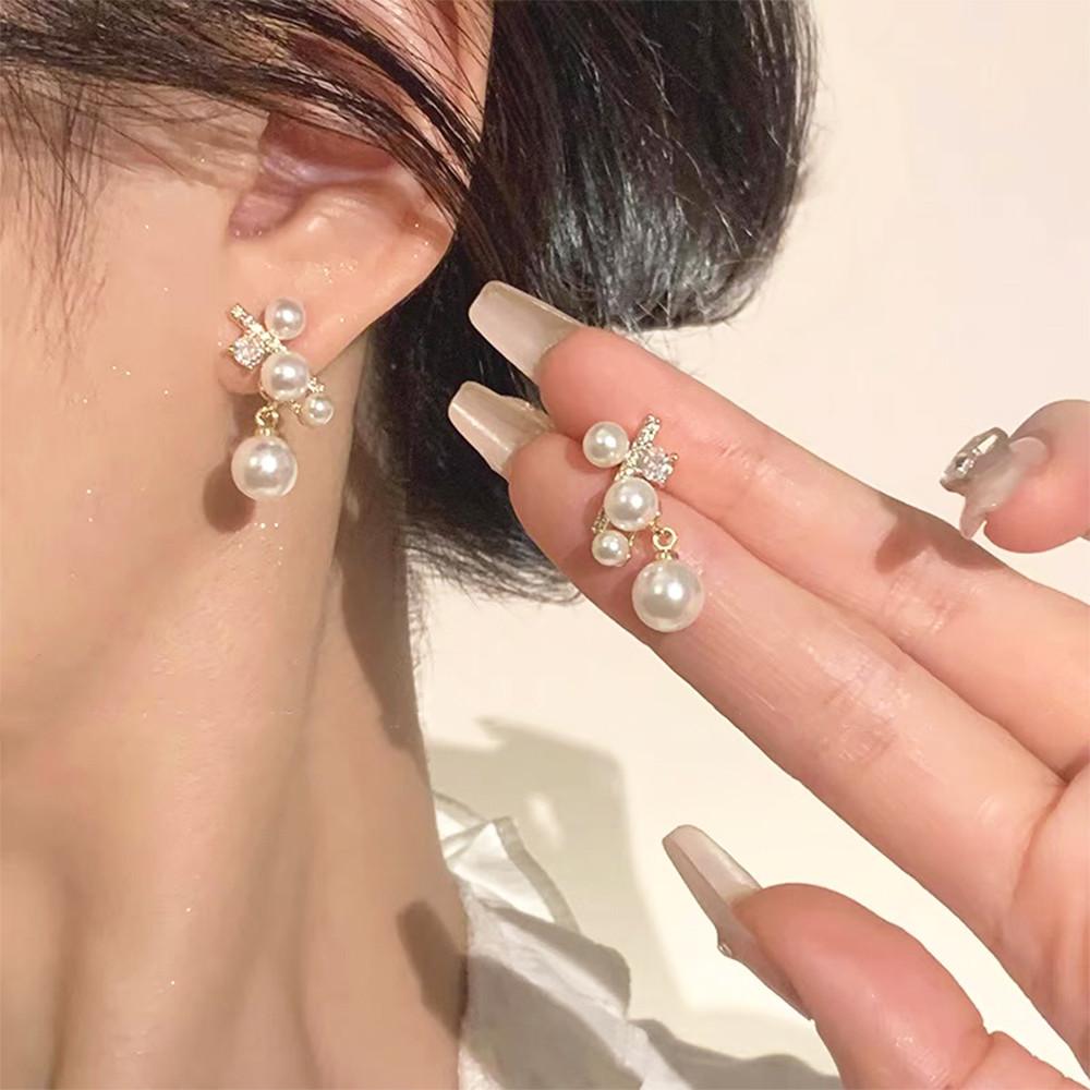 17KM Elegant Artificial Pearl Cross Earrings for Women Korean Gold Zircon Stud Earring Fashion Jewelry Accessories