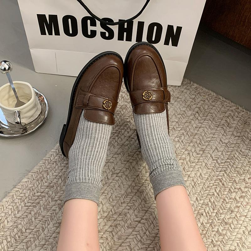 Super soft leather black camellia spring and autumn new one-pedal platform single shoes women
