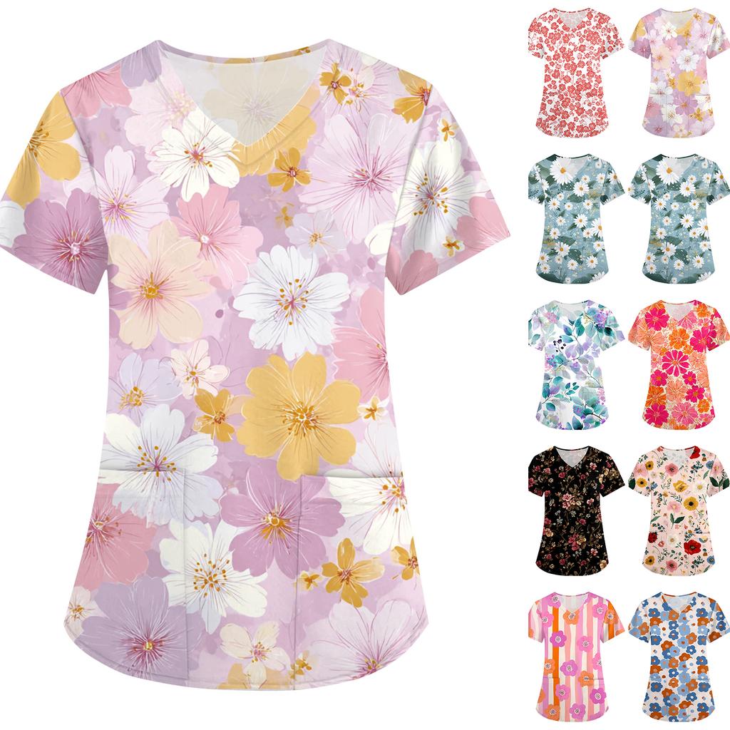 Women's Floral Print Loose V-neck Short-sleeved Uniform/ Uniform