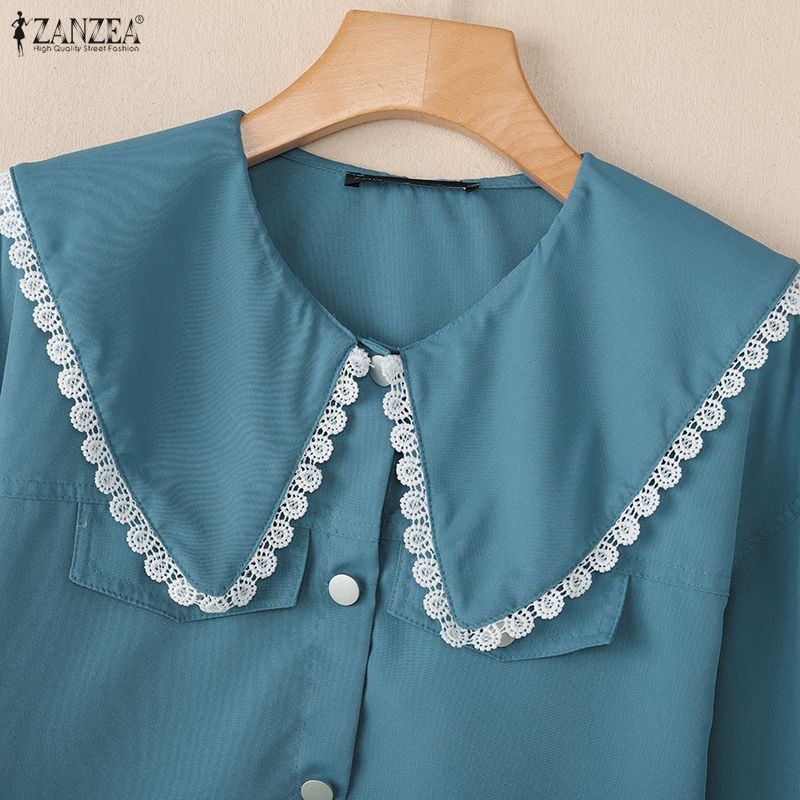 ZANZEA Women Casual Doll Collar Loose Long Sleeve Blouse