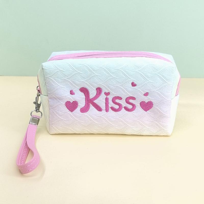 Fashion Embroidered Kiss Letter Makeup Bag Ins Style Gradient Color Storage Bags Large Capacity Toiletry Bags For Women Gifts