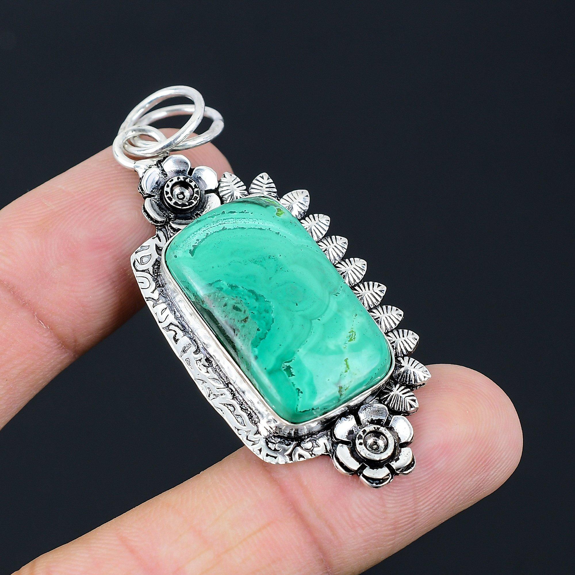 Gift For Women Jewelry Pendant 925 Sterling Silver Natural Malachite Gemstone