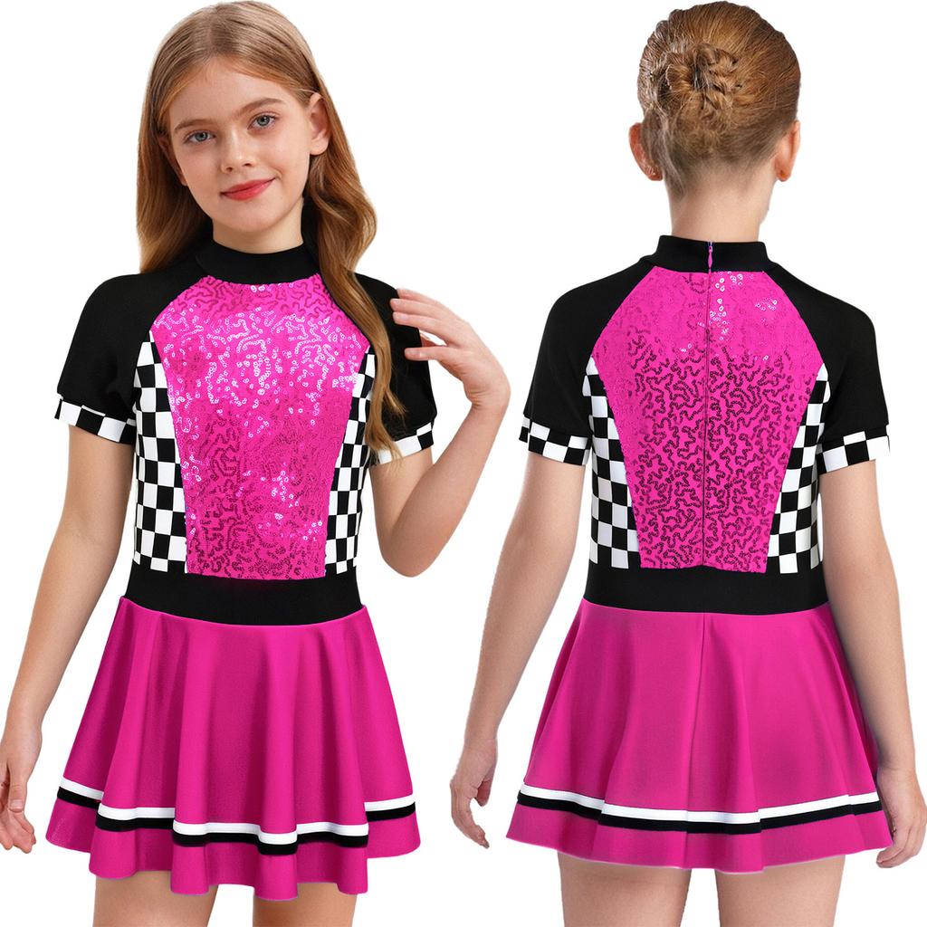 Girls Checkerboard Shiny Sequins Race Dress Mock Neck Short Sleeve Back Invisible Zipper with Built-in Briefs for Halloween Theme Party