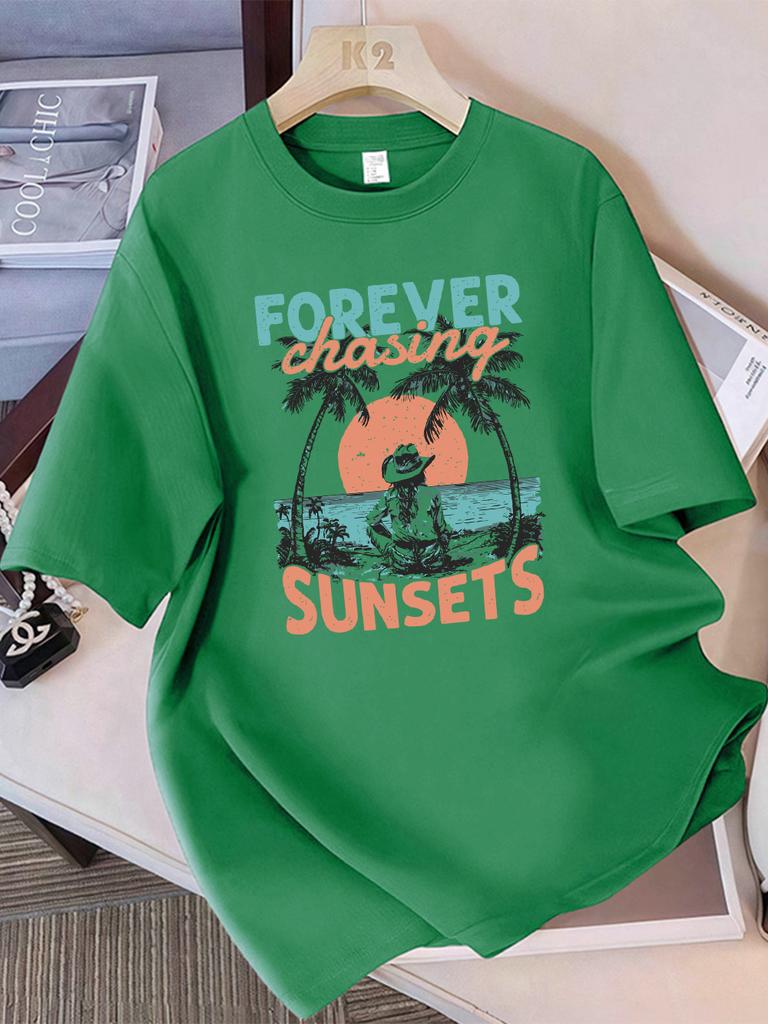 Summer T-Shirts Cotton Womens Forever Chasing Sunsets Cowgirl Printing Short Sleeve Comfortable Soft O-Neck Tops Basic Clothes