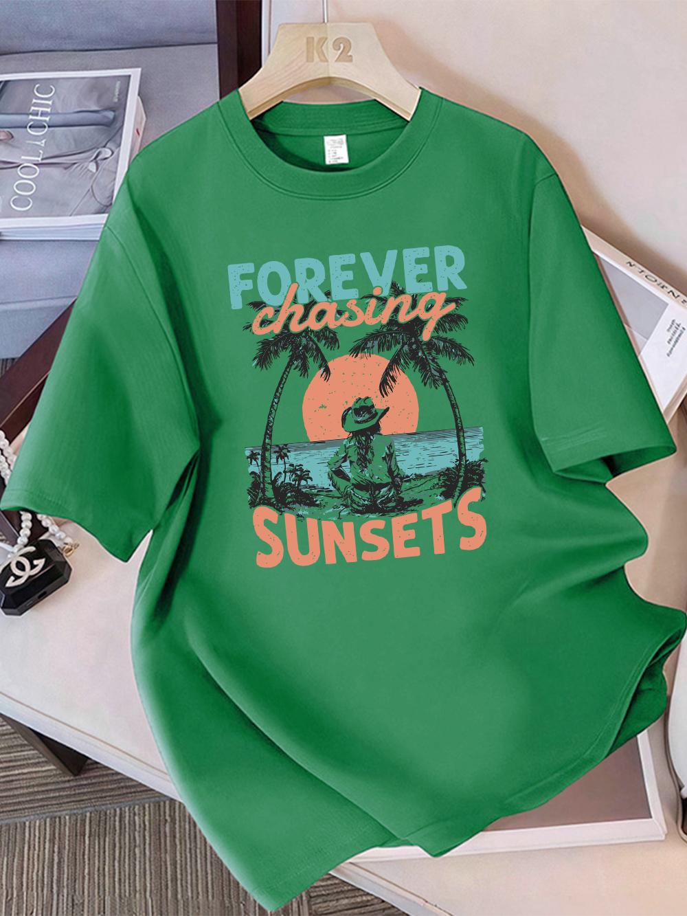 

Summer T-Shirts Cotton Womens Forever Chasing Sunsets Cowgirl Printing Short Sleeve Comfortable Soft O-Neck Tops Basic Clothes S зелений