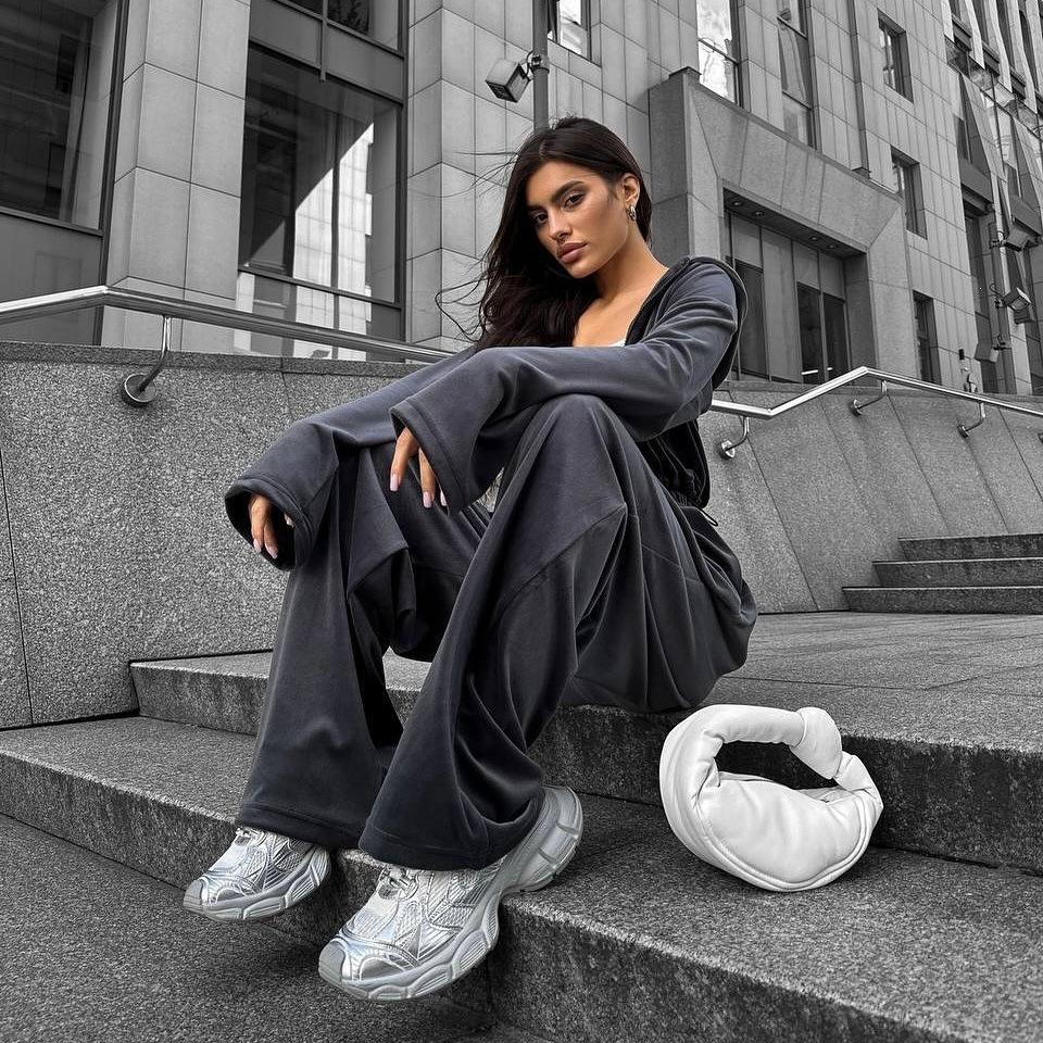 European and American style velvet hooded suit women's short jacket high waist wide leg pants relaxation casual two-piece suit women