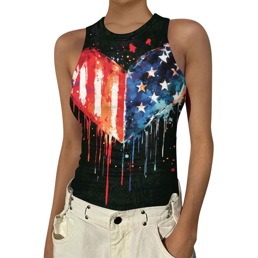 Women's Fashion Round Neck Independence Day Print Sleeveless Vest Top