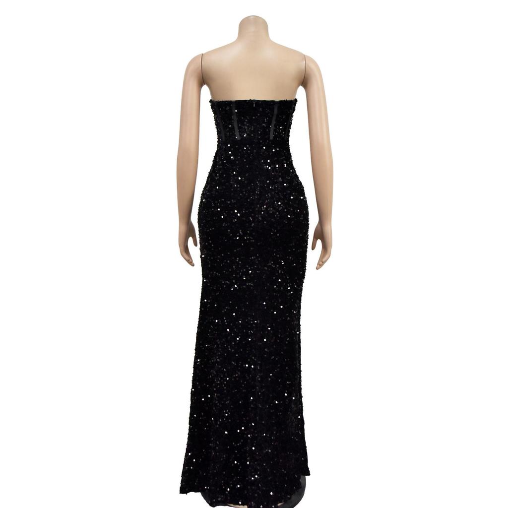 C6792 Europäische & Amerikanische Mode Damen Einfarbig Pailletten Ärmellos Rückenfrei Langes Kleid