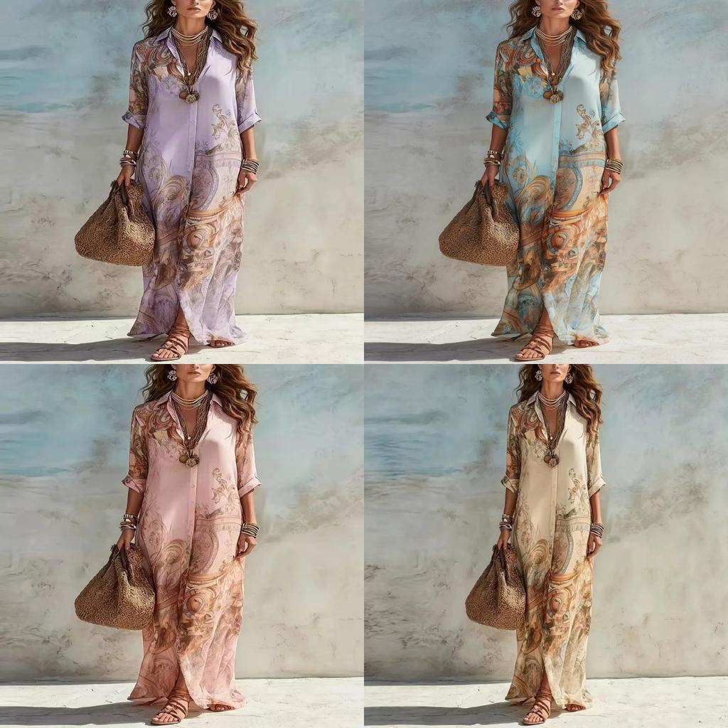 Vintage Chiffon Print Dress With Splicing Design For Casual Travel And Date Nightwear