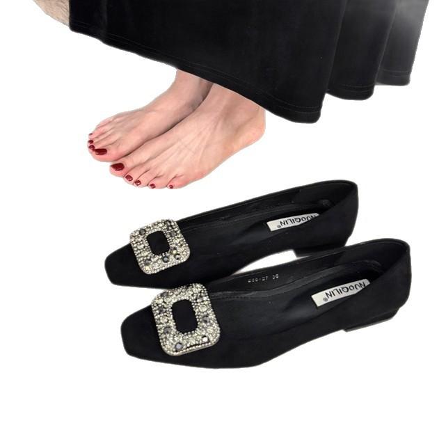 2025 New Spring Matte Leather Shallow Mouth Single Shoes Women's Thick Heel One Pedal Flat Leather Shoes Doudou Shoes