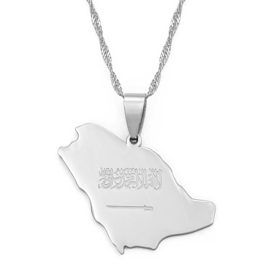 Anniyo Saudi Arabia Map Flag Charm Pendant Necklace Silver Color/Gold Color Kingdom of Saudi Arabia Jewelry Women Girls #001321 45cm or 17.7 Inches