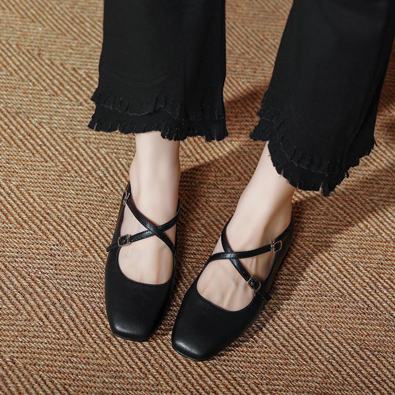 Ballerines Mary Jane Rétro pour Femmes : Pointe carrée Marron Rouge Sangle Croisée, Style Ballet Minimaliste, Culte sur Internet pour Quotidien/Bureau/Décontracté XW-5537-2