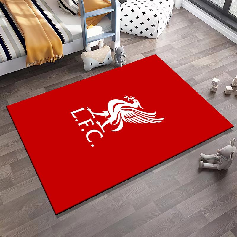 Liverpool Team Crest Rug on Red Background Suitable for use as an anti-slip game mat for living room and bedroom sofas