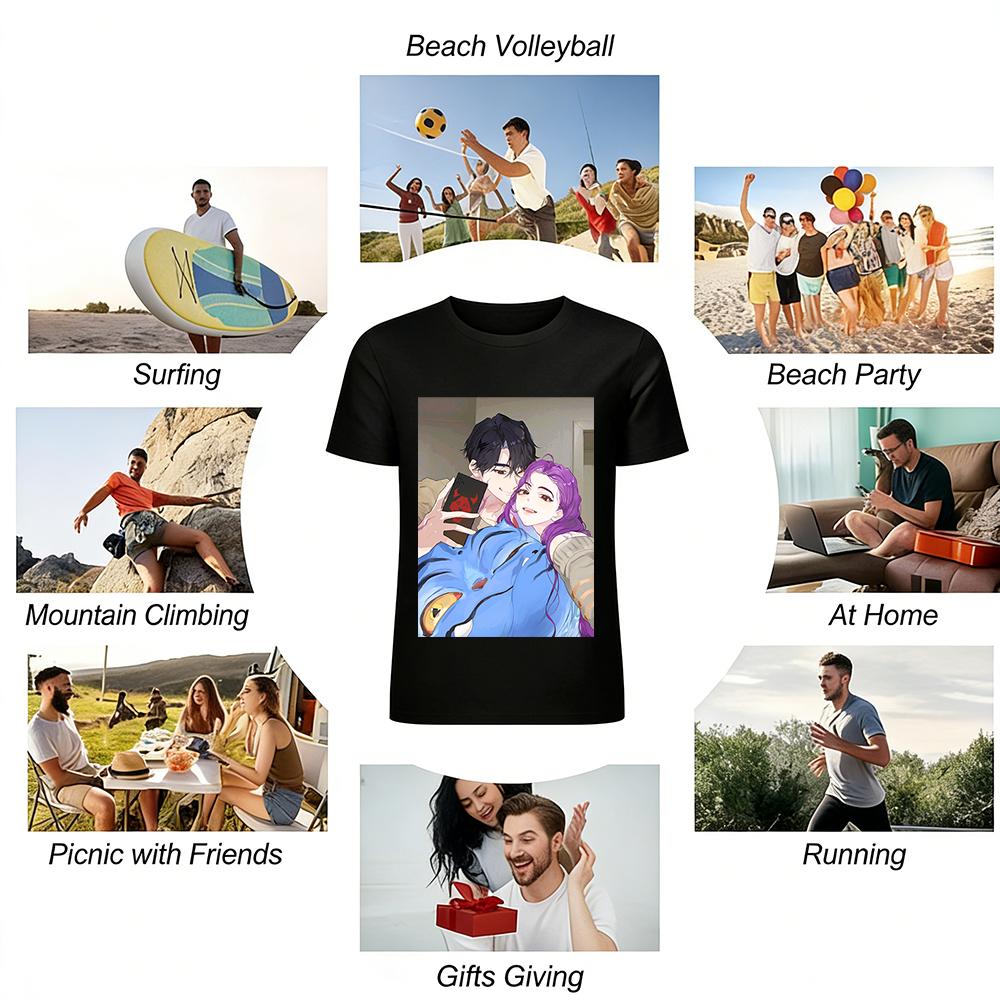 Dark Style Funny Couple Selfie Print T-shirt Trendy Cool Street Style Loose Casual Unisex Top Pure cotton T-shirt