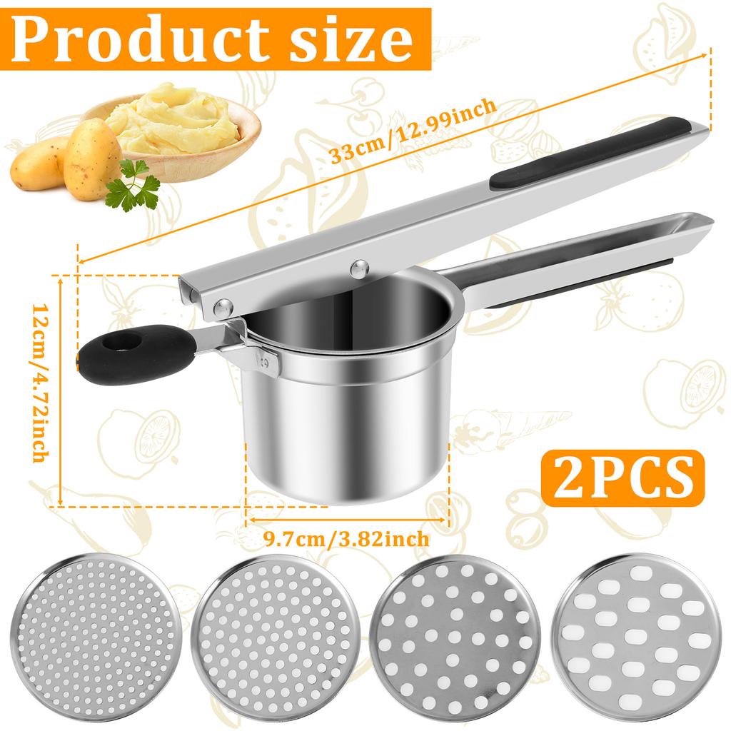 Manuelle Kartoffelpresse aus Edelstahl mit 4 Scheiben und rutschfestem Griff – ideal zum Kartoffelpüree-Herstellen.