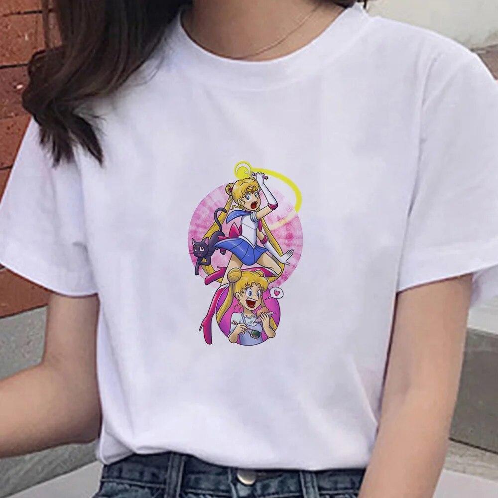 Cartoon Anime Sailor Graphic Moon Print 100 % Baumwolle T-Shirt Mode Goth Girl Kleidung Kurzarm Übergroßes Unisex Frauen T-Shirt Unisex
