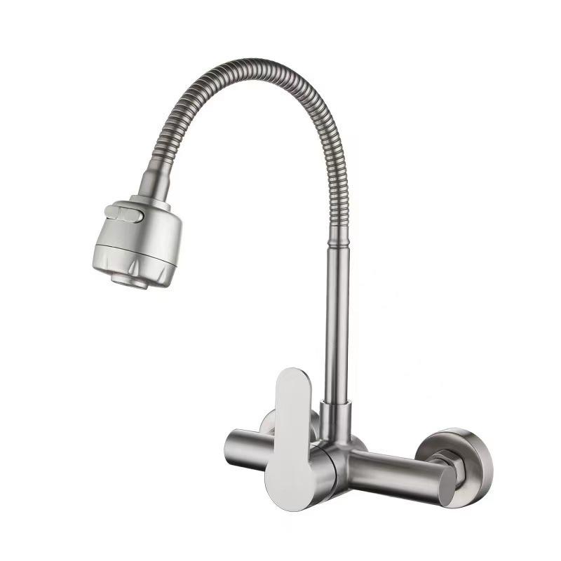 Grifo de Cocina de Acero Inoxidable 304 Montado en Pared de Doble Agujero con Salida Giratoria de Agua Caliente/Fría