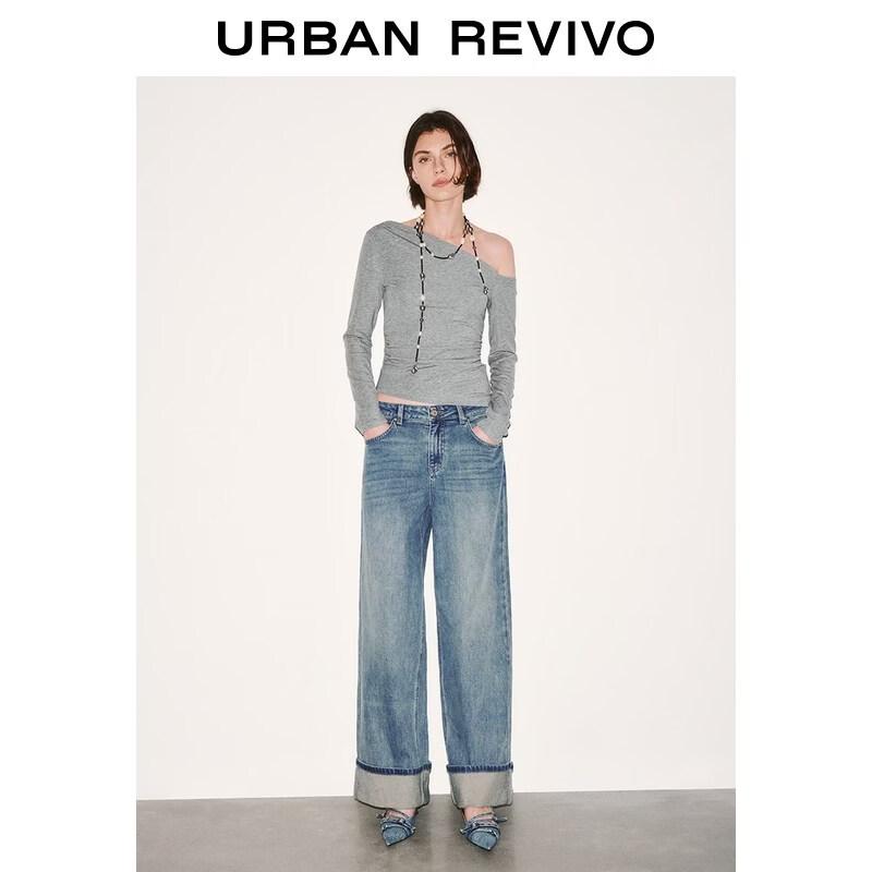 UR2026 Women's Washed Roll-Edge Wide-Leg Jeans