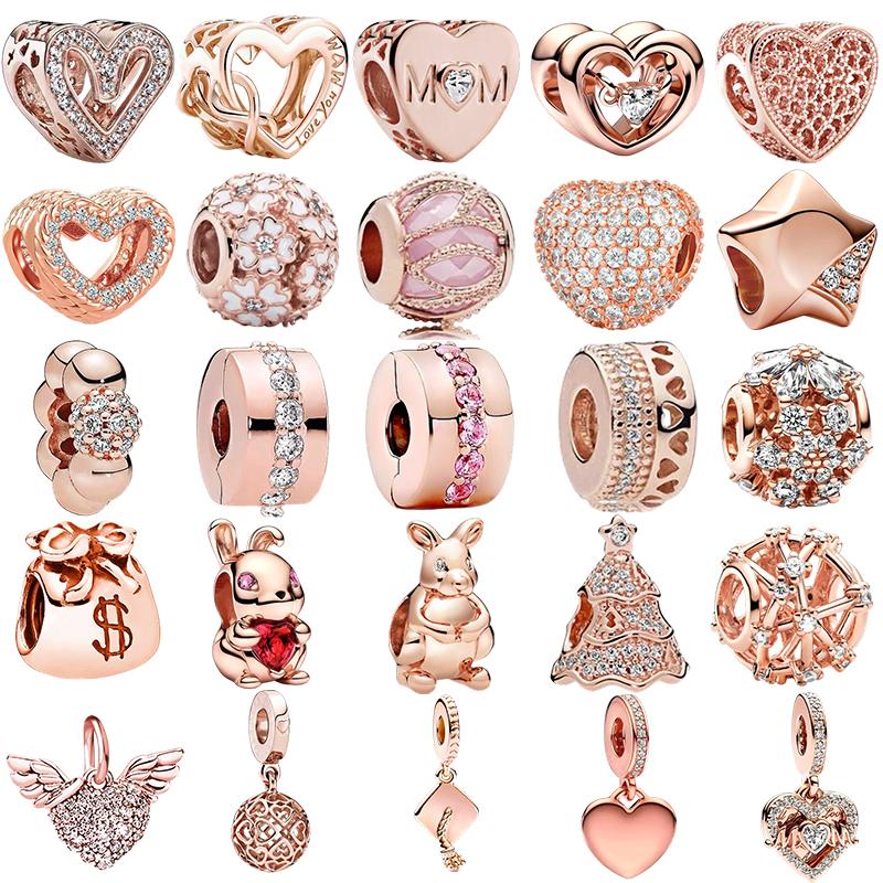 Sparking Rose Gold Charm Beads Dangle European Original Fit Copper Bracelet Necklace Beads For Diy Jewelry Women Gift