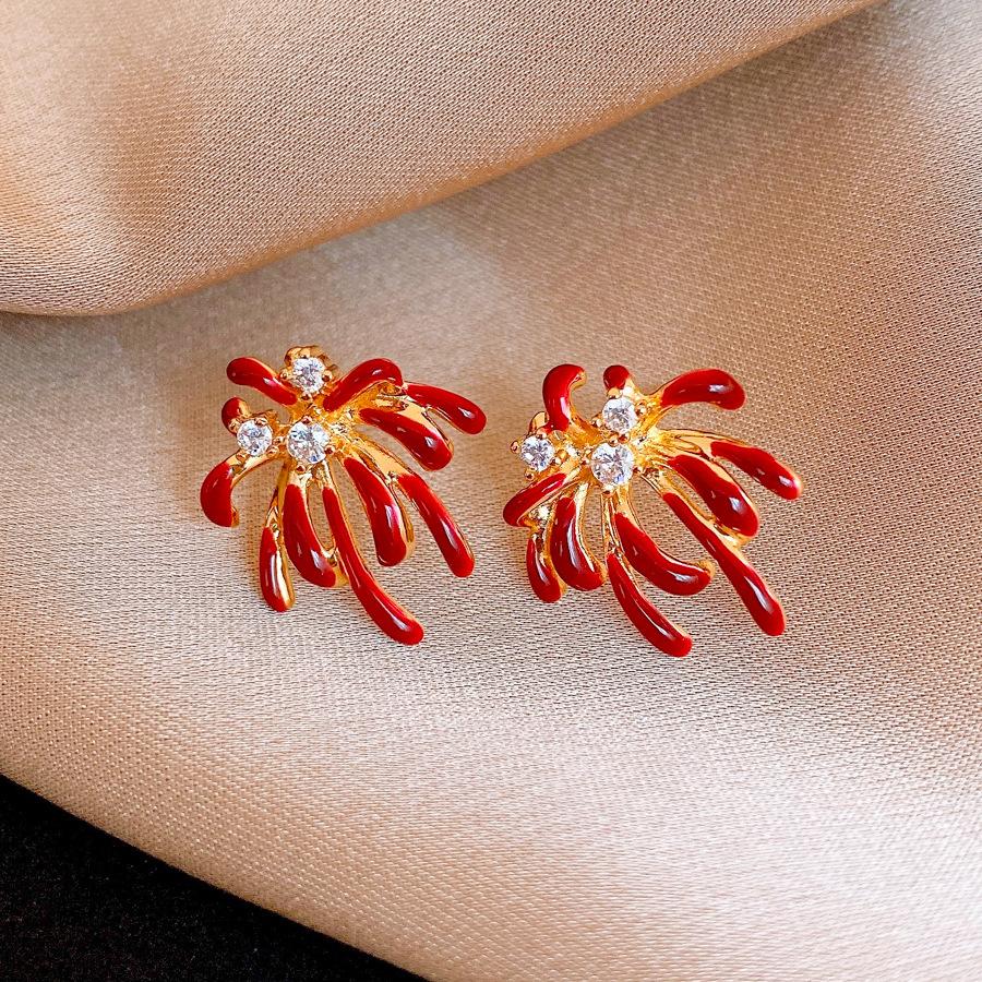 18k real gold electroplated zircon dripping oil red fireworks stud earrings New Year s earrings earrings women