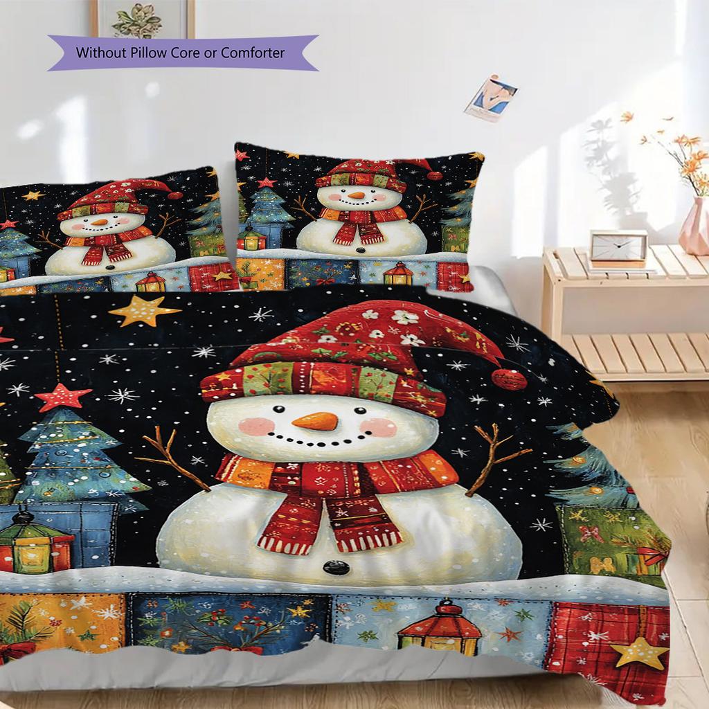 snowman Pattern Bedding Quilt Set Quilt Cover Pillowcase Home Decoration Birthday Gift (1 * duvet cover + 2 * pillowcase, without core)