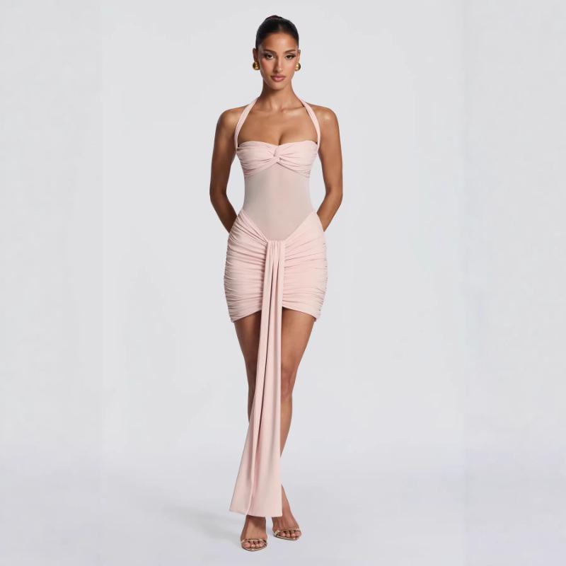 European & American Style Lace-Up Mesh Halter Patchwork Ribbon Bodycon Dress (2026 Summer Collection)