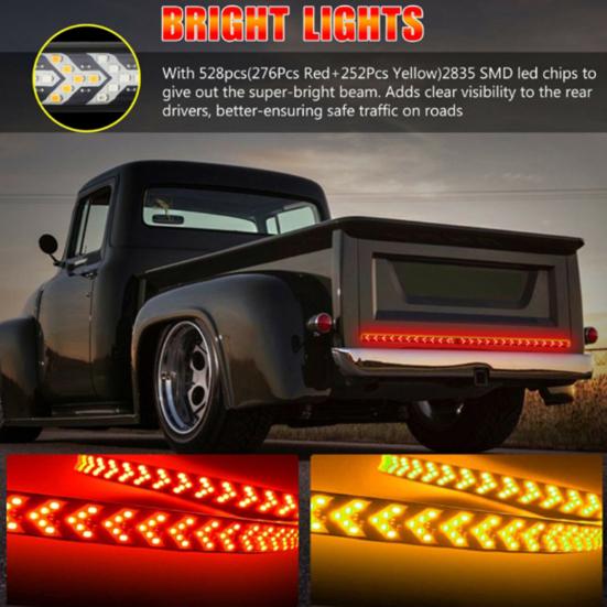 LED Tailgate Light Bar 4-in-1 Red Brake Running Lights Amber Sequential Turn Signals Waterproof Flexible Strip for Trucks Trailers RVs