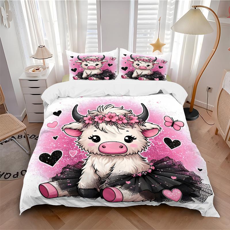 3pcs Pink Cow with Wreath and Butterflies Quilt Cover Set - Soft and Cozy Bedroom, Guest Room and Dorm Decorative Bedding 3-Piece Set 1 Quilt Cov