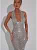 2024 Winter Women's Fashion Sequin Halter Deep V Bodycon Dress - Sexy Slimming Micro Backless Long Dress