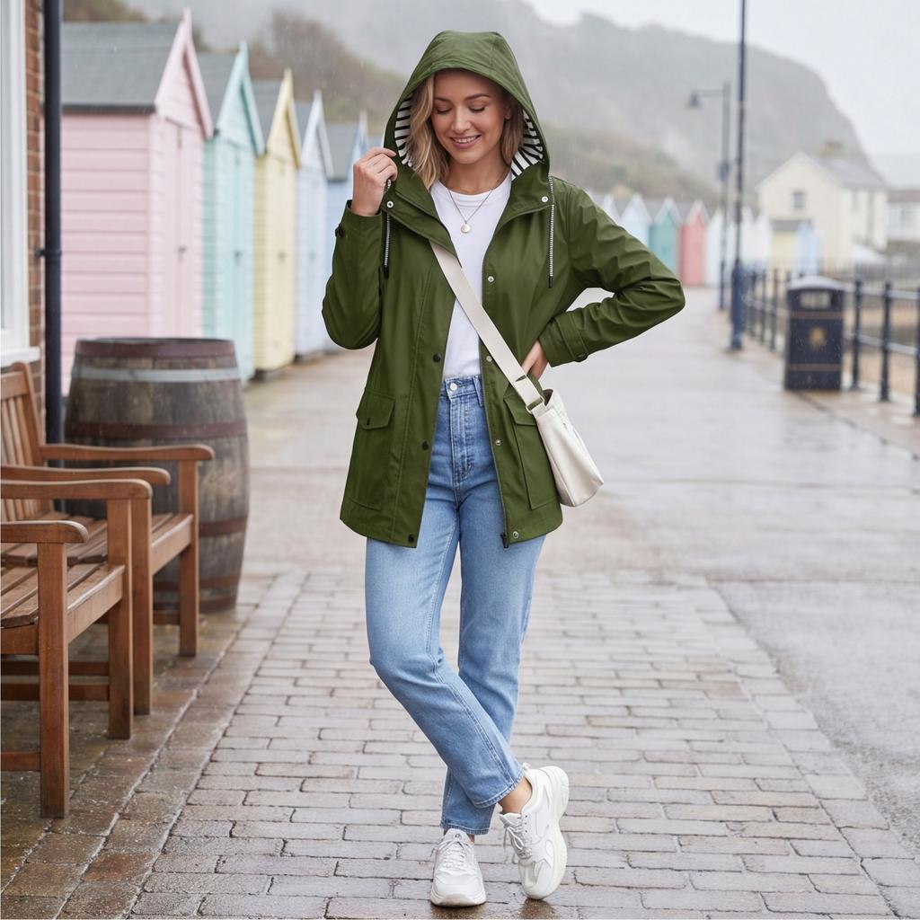 Women's Fashion Solid Color Hooded Loose Casual Waterproof Outdoor Jacket Lightweight Windbreaker Raincoat for Hiking Camping