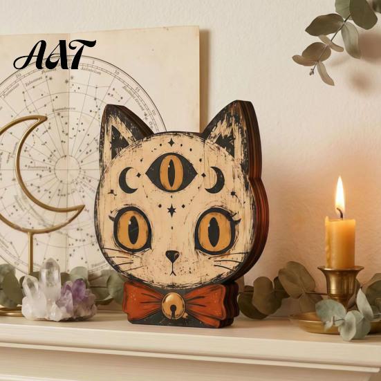 Atmospheric Retro Interior Ornaments Halloween Wooden Ornaments, Distressed Pumpkin/Cat Decorations, Desktop & Wall Unique Handcrafted Wood Decors for