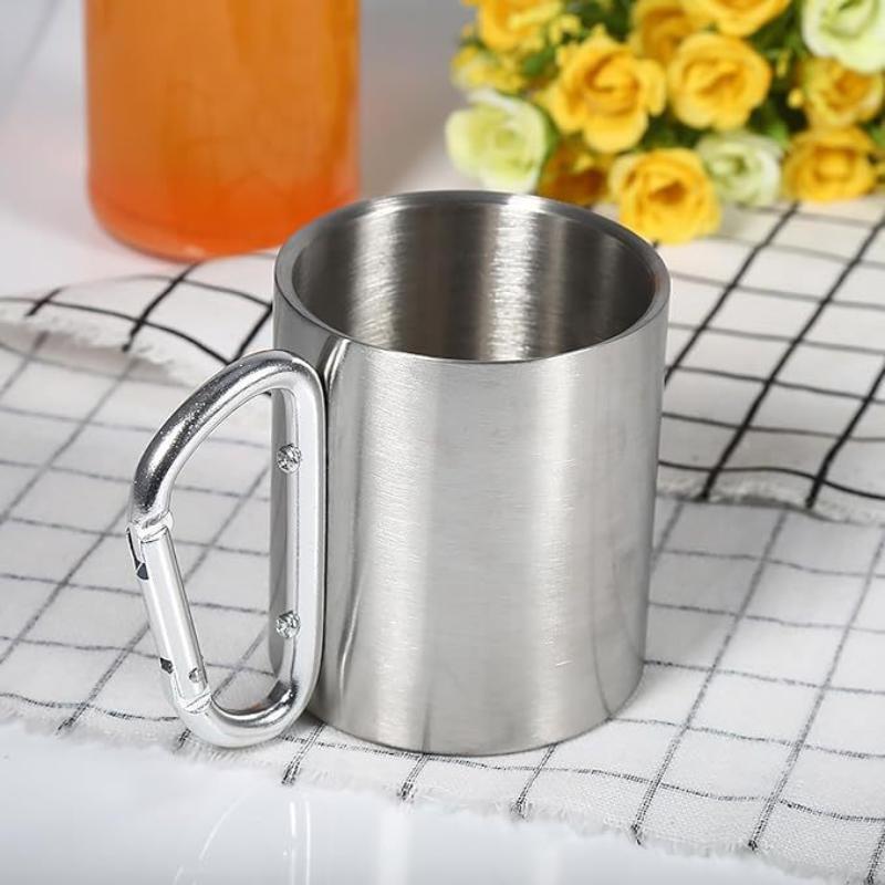 Stainless Steel Mountaineering Water Cup Button Coffee Camping Mug With Carabiner Handle Climbing Hiking Backpacking Travel Cups
