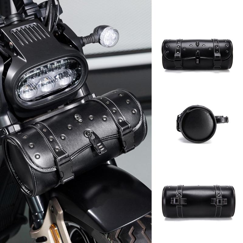 Motorcycle Tool Bag, Universal Handlebar Fork Bag, Black PU Leather Roll Saddlebags, Waterproof Storage Bag