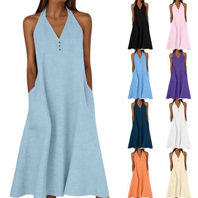 Robe d'été pour femme à col en V dos nu en coton lin sans manches décontractée robe d'été avec poches boutonnage coupe décontractée