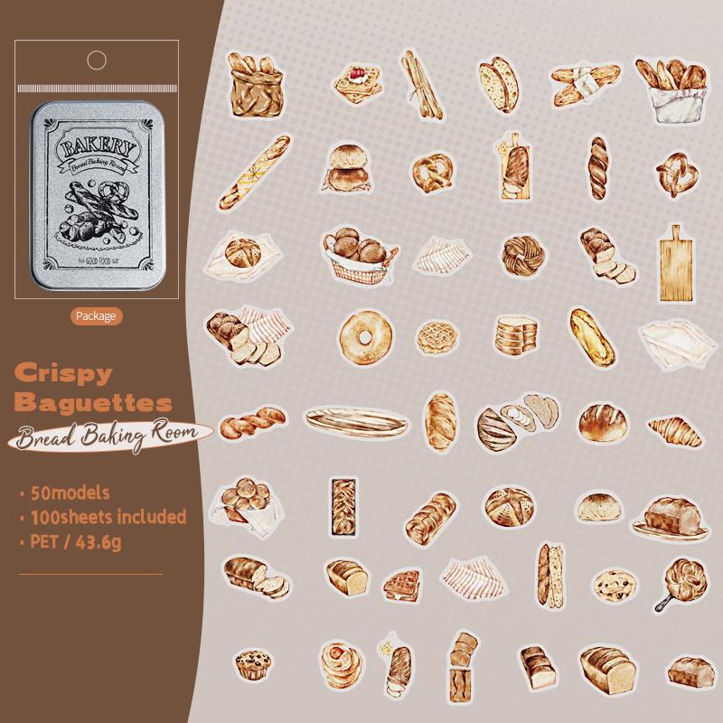 100 Sheets/box Bread Coffee Dessert Pattern Sticker For Hand Account Collage Material DIY Diary Notes Message Decoration