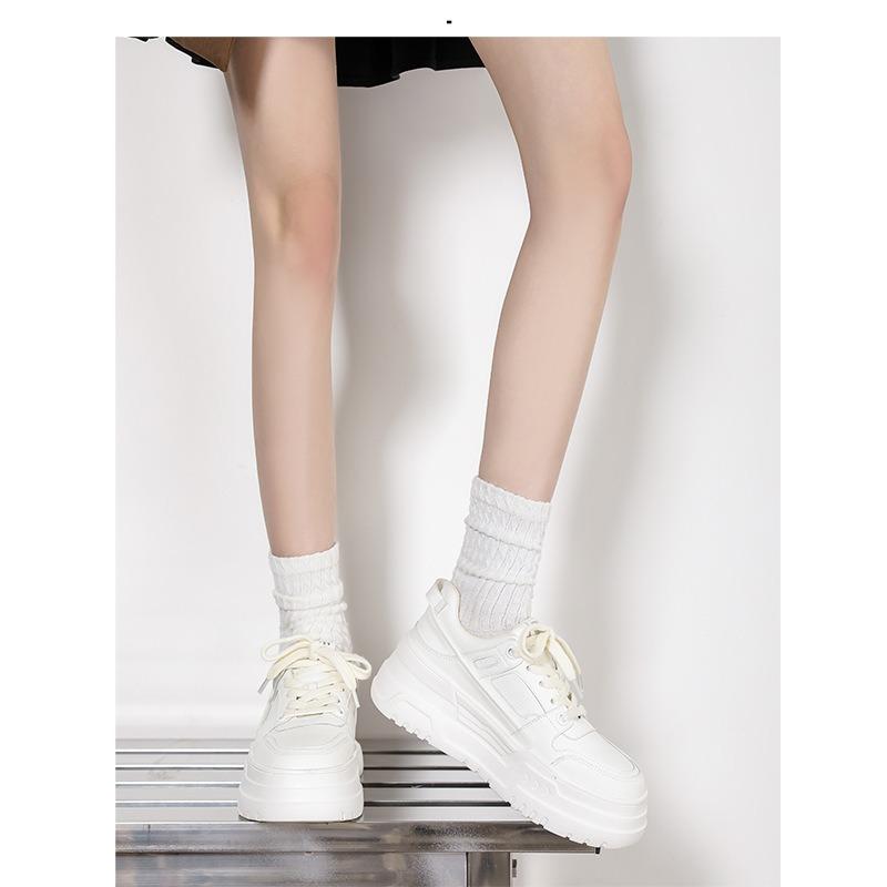 Cowhide version women's shoes round head thick sole heightening muffin shoes lace-up casual little white shoes women's board shoes casual shoes women