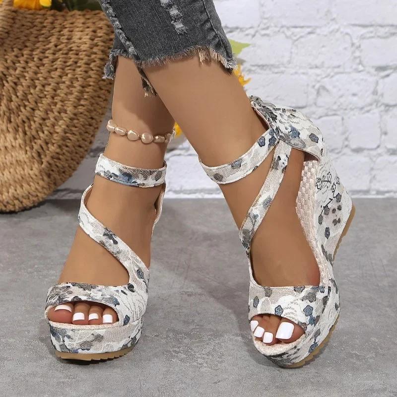 2024 Hot Sale Ladies Shoes Cover Heel Women's Sandals Dress Sandals Women Print Back Zip Platform Wedges Shoes Women