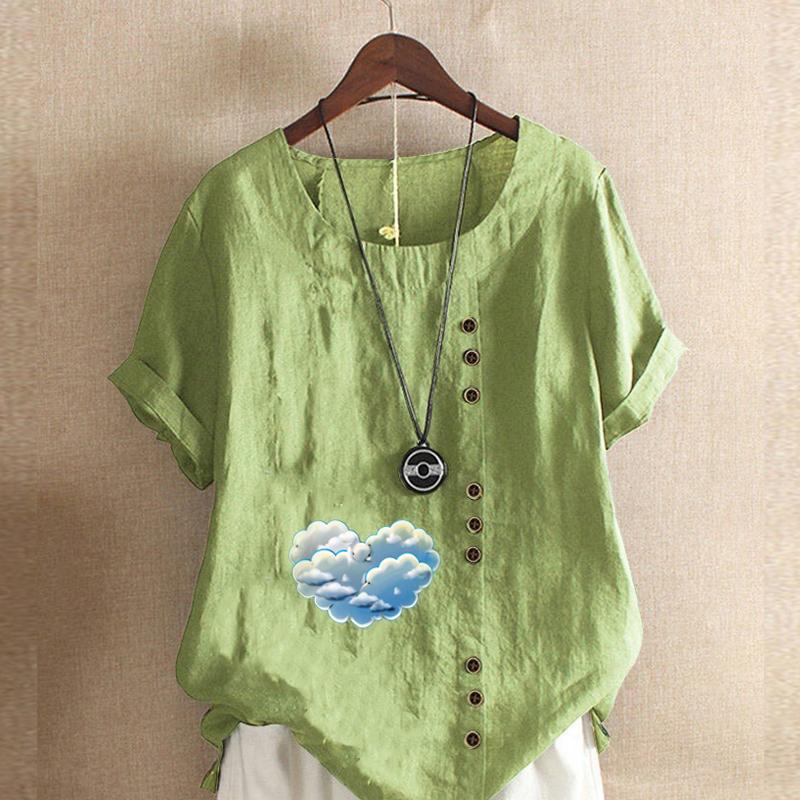 

Женская модная футболка с круглым вырезом и коротким рукавом, повседневная рубашка из хлопка и льна с рисунком, свободная летняя блузка с принтом в виде сердца и облаков, топы 5XL зелёный