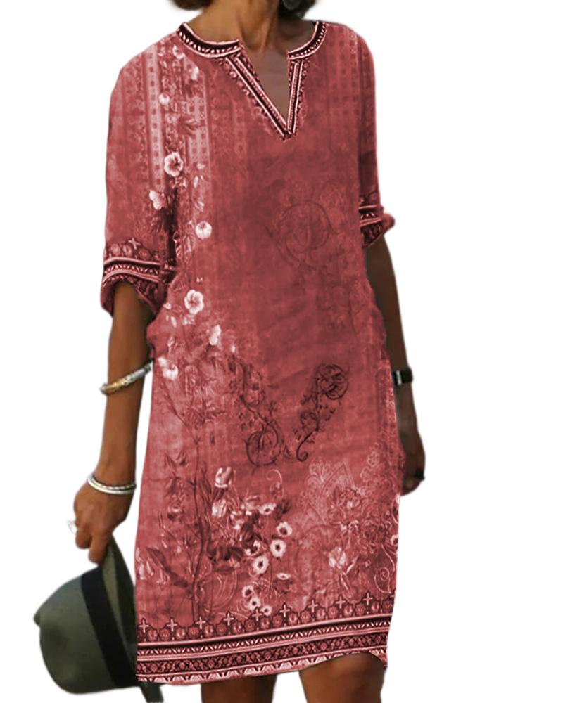Abito Casual da Donna Primavera Estate Stampa Etnica Scollo a V Morbido Comodo Vita Alta Slim All-Match