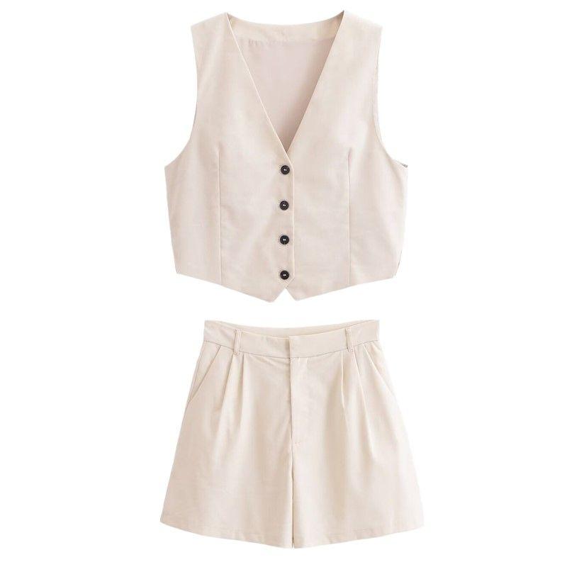 Fashion Style 2024 Summer New Women's Clothing Slit Design Sleeveless V-neck Vest High Waist Shorts 2010797