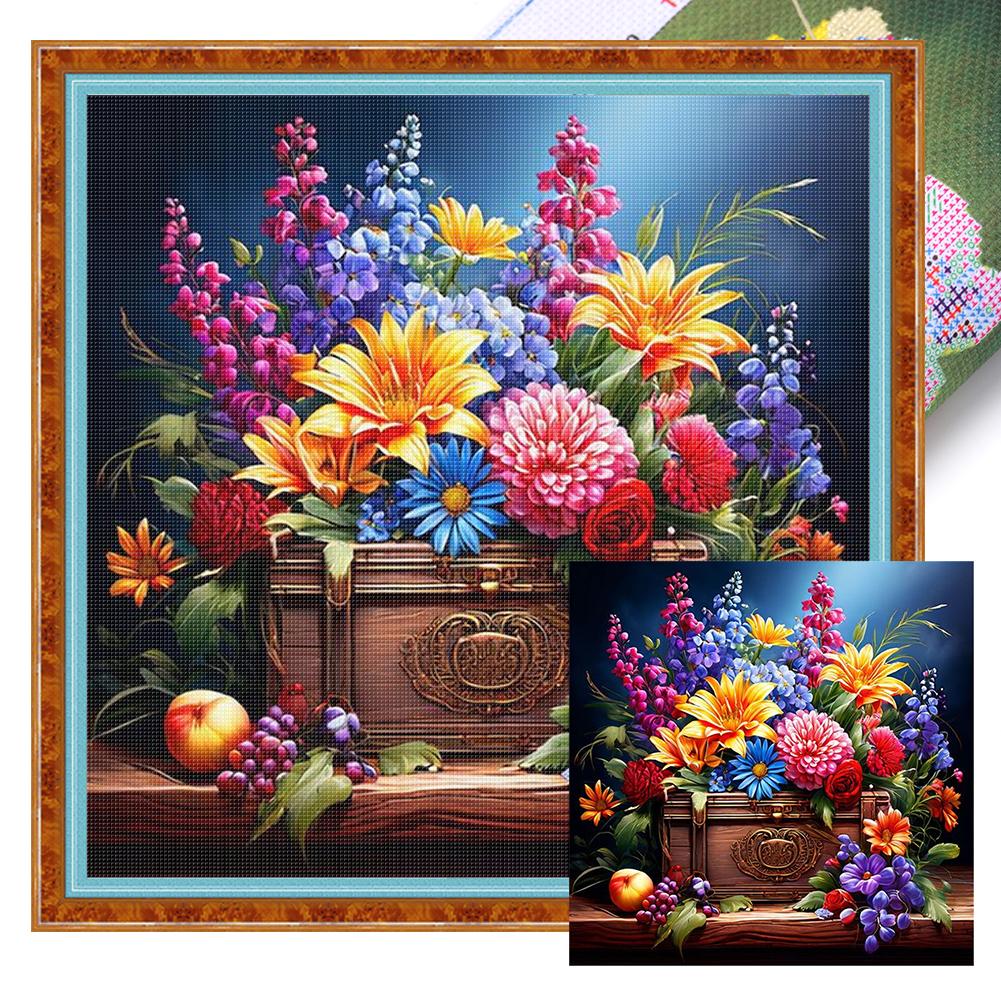 1 Set Full Embroidery Cotton Thread 11CT Printed Fantasy Flowers Cross Stitch Kits DIY Arts Ornament Home Decorations 40x40cm