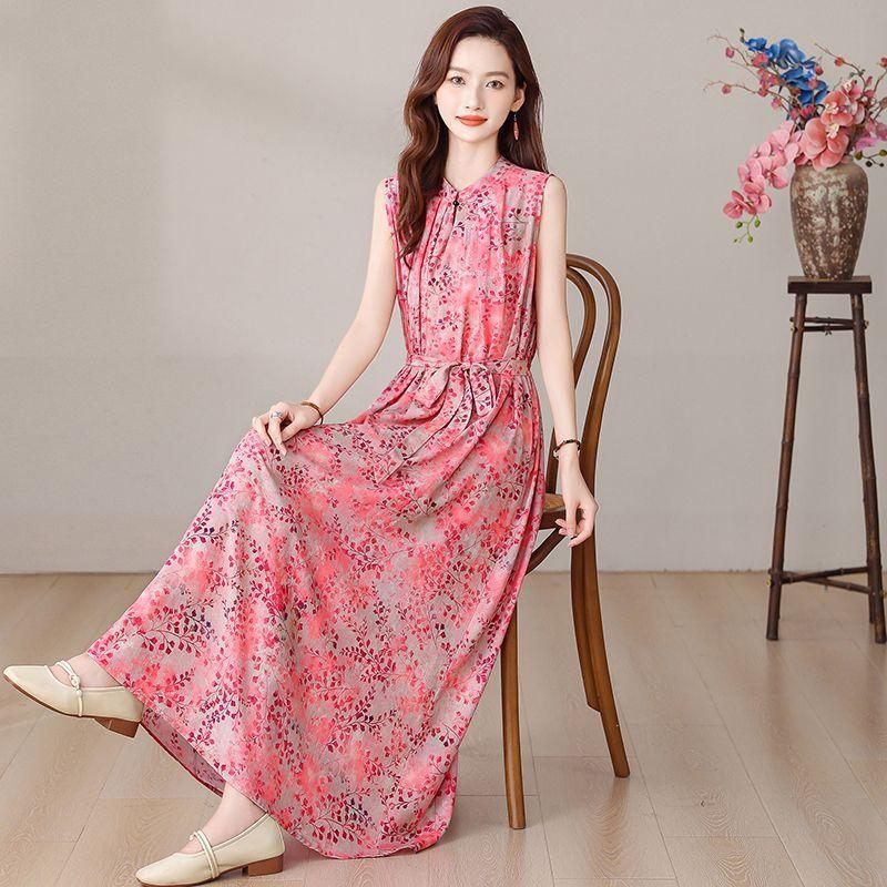 Elegant Floral Print Plus Size Dress for Middle Aged Women Summer Cotton Long Dress