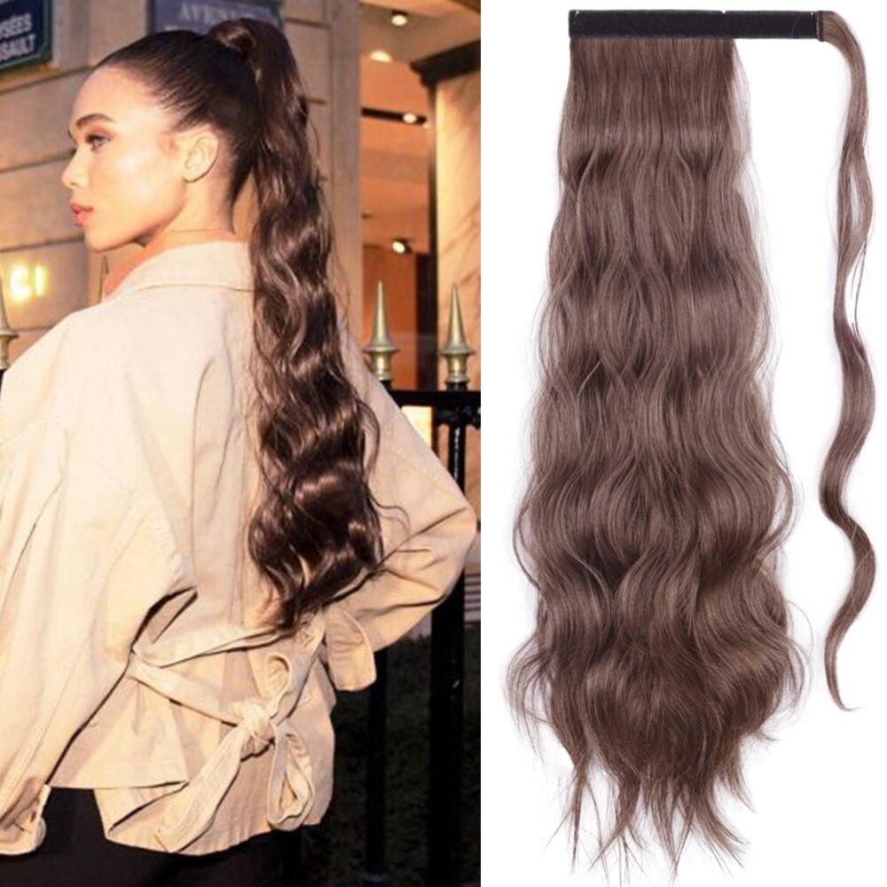 XINRAN Langer, gewellter Pferdeschwanz zum Umwickeln, synthetischer Pferdeschwanz, Clip-in-Haarteil, schwarz-blond, burgunderfarbener Wellen-Pferdeschwanz für Frauen