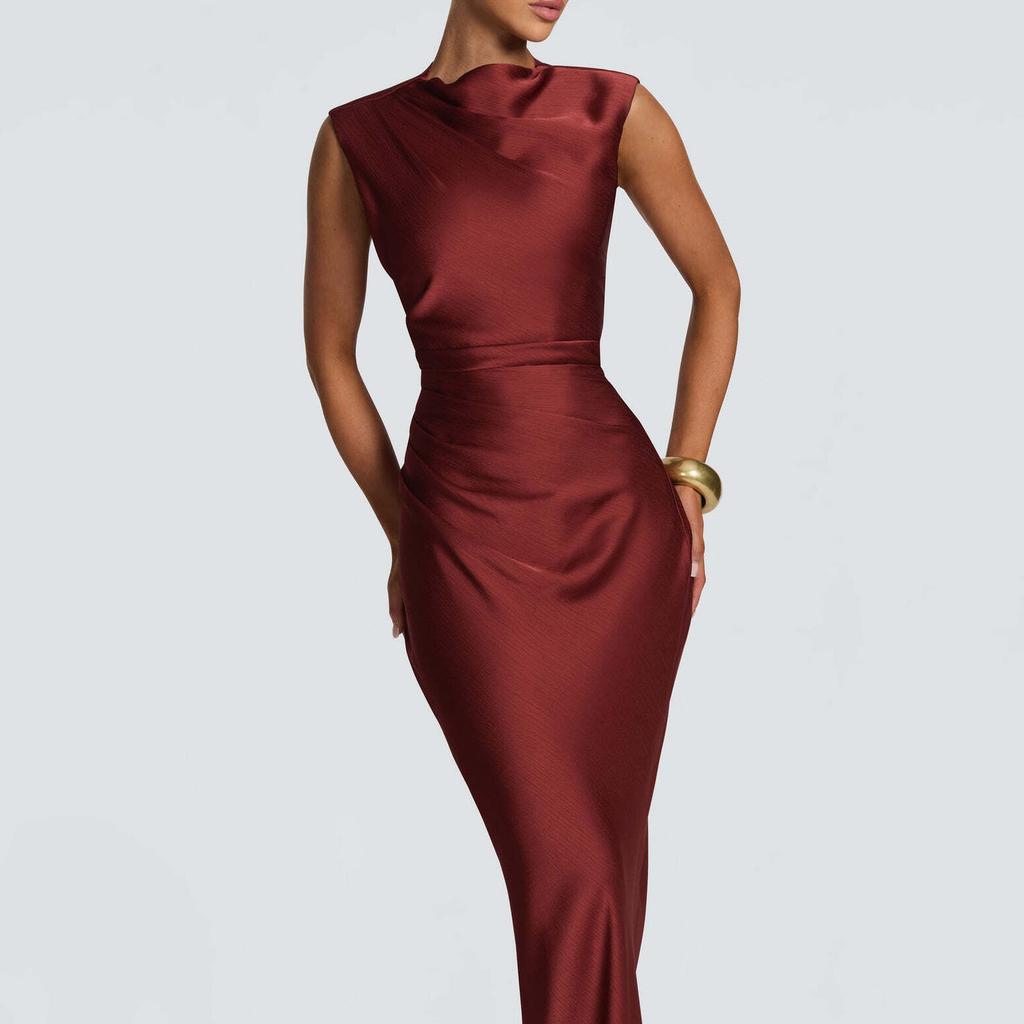 European and American High-end Light Luxury Sleeveless Stacked Collar Evening Dress, Satin Drape Slim-fitting Hip-wrapped Fishtail Annual Meeting 