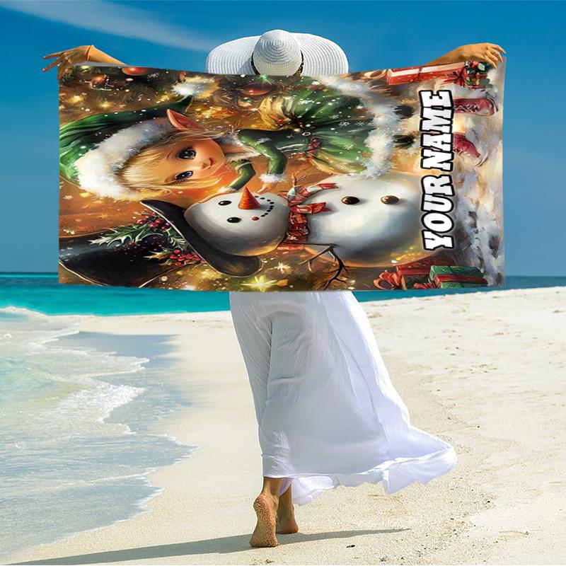 1PC Custom Name Christmas Elf Snowman Beach Towel Highly Absorbent And Sand-Resistant Towel for Swimming, Pool, Yoga, And Travel Lightweight