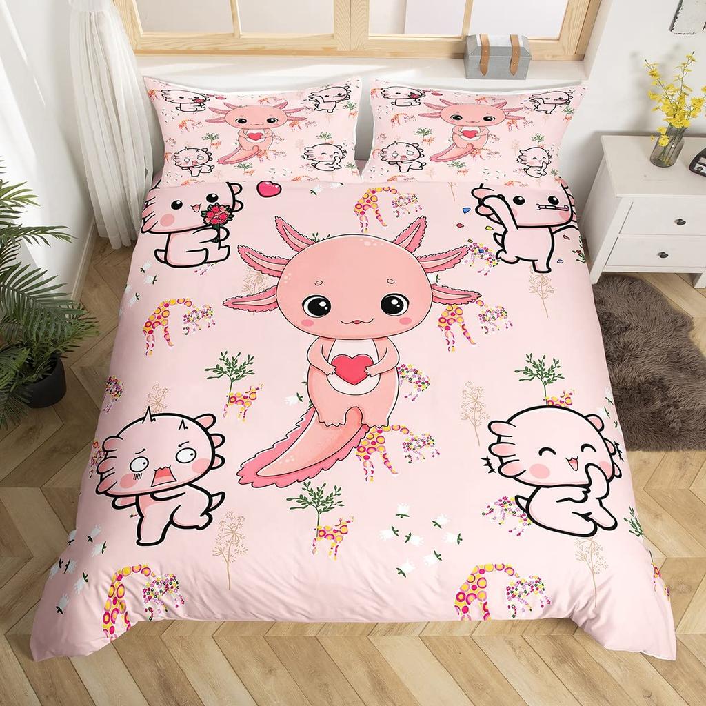 Cute Axolotl Duvet Cover Set Full Size Cartoon Salamander Bedding Set Kawaii Animals Comforter Cover Constellation Black Decor