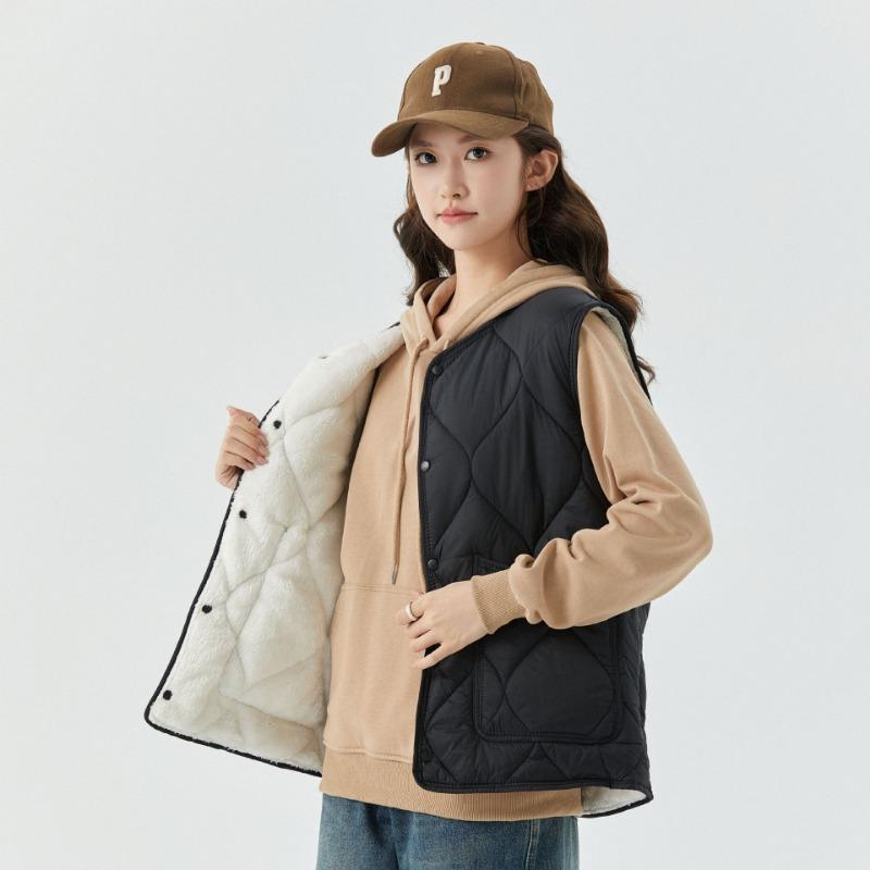 Women's Warm, Enlarged, Thickened and Velvet Inner Vest, Women's Lamb Wool Buttons, Casual Outer Cotton Vest